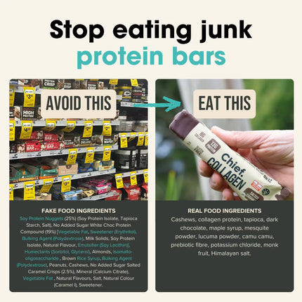 Comparison of protein bars with 'fake food ingredients' and 'real food ingredients' highlighted.
