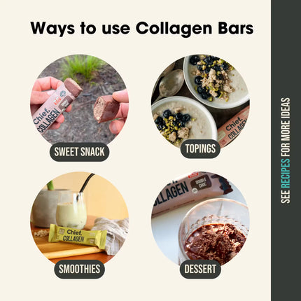 Chief Collagen bars being used as a sweet snack, added to toppings, in smoothies, and as dessert.