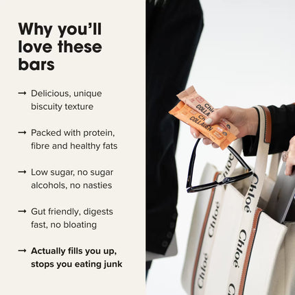 Chief Collagen Protein Bars with text highlighting features and a person holding the product while on-the-go