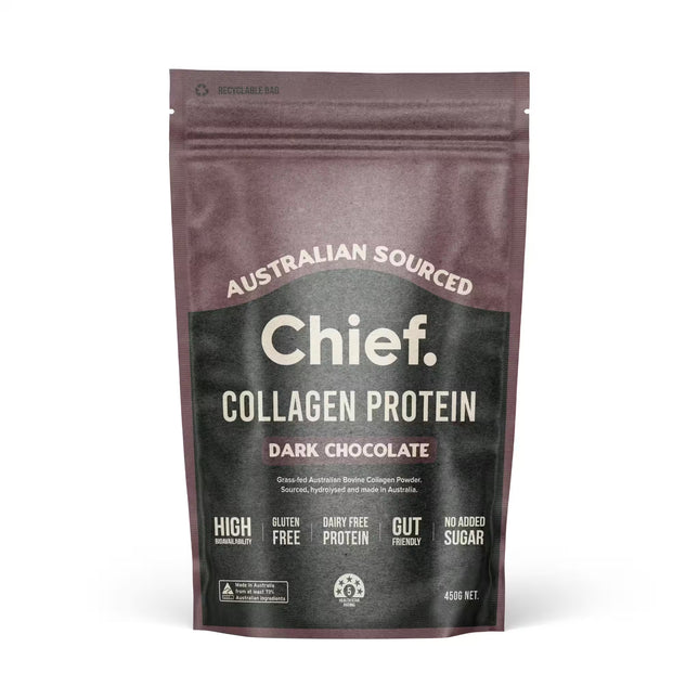 Package of Chief Collagen Protein Powder Dark Chocolate flavour 450g
