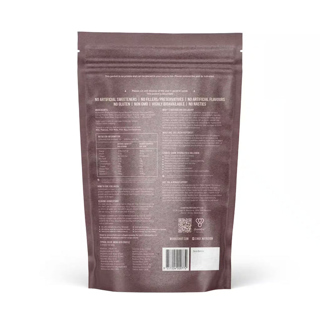 Back view of Chief Collagen Protein Powder Dark Choc 450g packaging