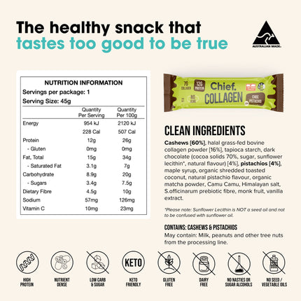 Chief Collagen Protein Bar Choc Pistachio 45g Nutrition Info