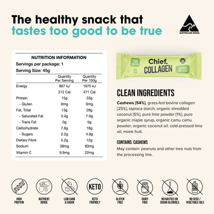 Chief Collagen Protein Bar Coconut Lime Slice 45g Ingredients