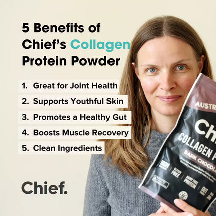 Woman holding a package of Chief's Collagen Protein Powder Dark Choc with listed benefits