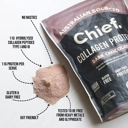 Chief Collagen Protein Powder package Dark Choc with benefits highlighted
