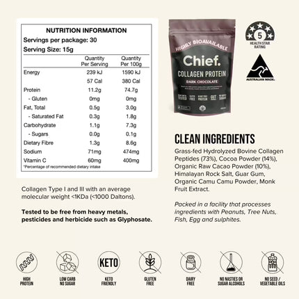 Chief Collagen Protein Powder Dark Choc nutrition information and product details