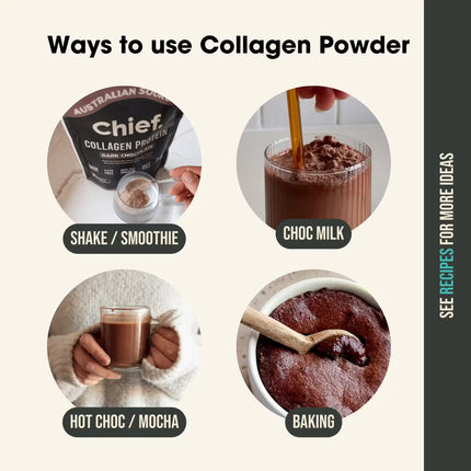 Chief Collagen Protein Powder usage guide with images of different recipes.