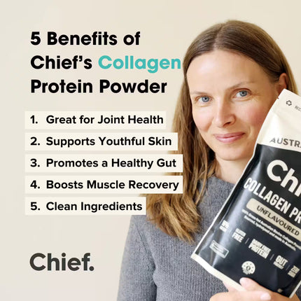 Woman holding Chief Unflavoured Collagen Protein Powder with benefits listed