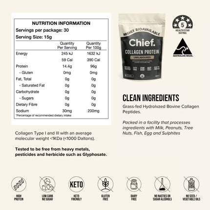 Chief Unflavoured Collagen Protein Powder packaging with nutrition information and product details