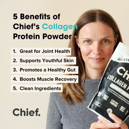 Woman holding Chief Collagen Protein Powder Creamy Vanilla Flavour with listed benefits