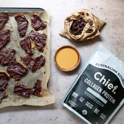 Chocolate dipped cookies made with Chief Collagen Protein Powder Creamy Vanilla