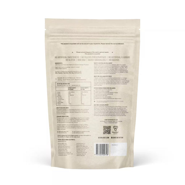 Back view of Chief Unflavoured Collagen Protein Powder with nutritional information and benefits