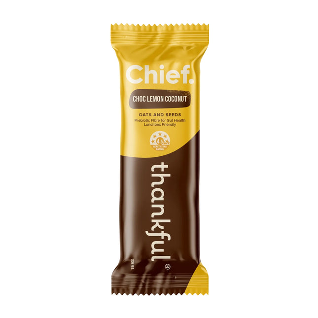 Chief Choc Lemon Coconut snack bar packaging on a white background