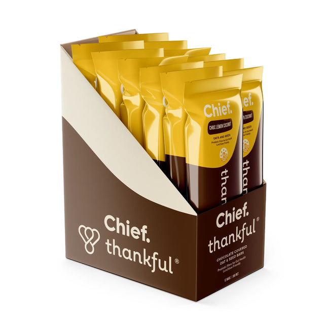 Chief Thankful Bars Choc Lemon Coconut Flavours in box of 12 packaging