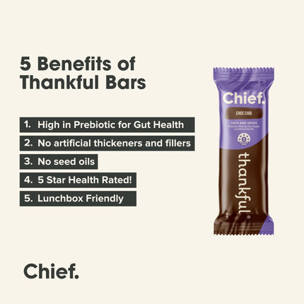 Chief Thankful Choc Chia snack bar packaging with benefits listed