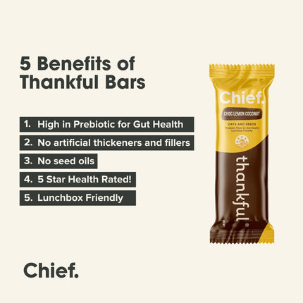 Chief Thankful bar Choc Lemon Coco packaging with benefits listed