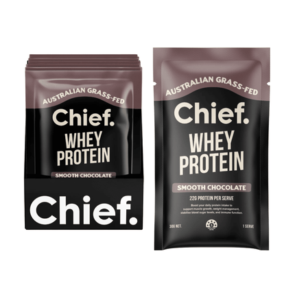 Chief Whey Protein Powder Dark Chocolate flavour in 30g sachet size  