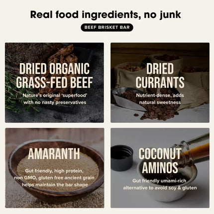 Chief Beef Bar flavour ingredients with images of dried organic grass-fed beef, dried currants, amaranth, and coconut aminos