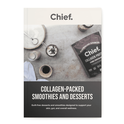Chief brand cookbook with collagen-packed smoothies and desserts on a marble surface