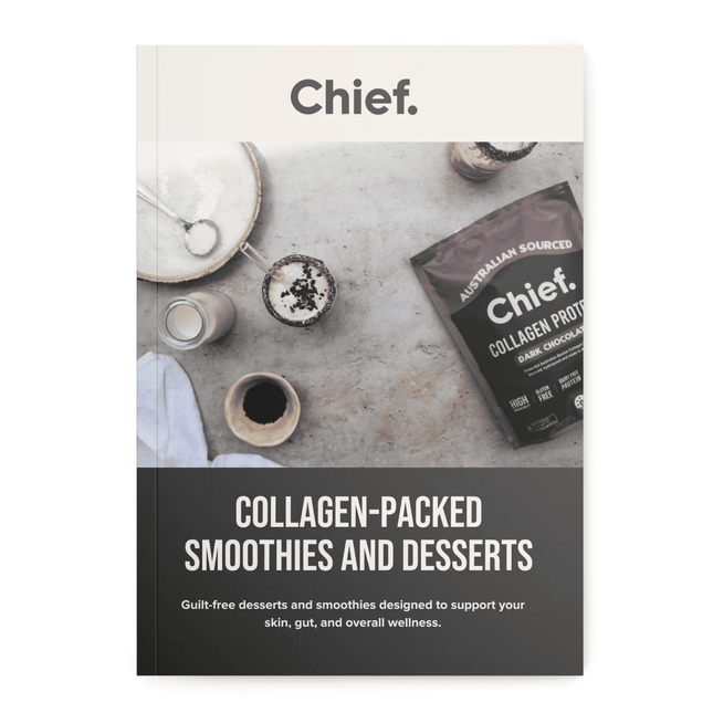 Chief brand cookbook with collagen-packed smoothies and desserts on a marble surface