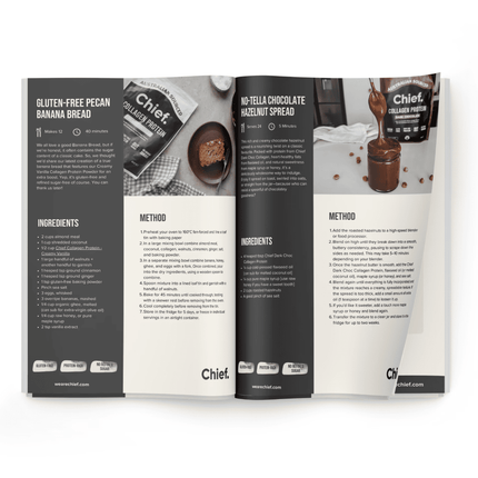 Open cookbook showing recipes for gluten-free pecan banana bread and No-Tella chocolate hazelnut spread with Chief Collagen Protein branding.