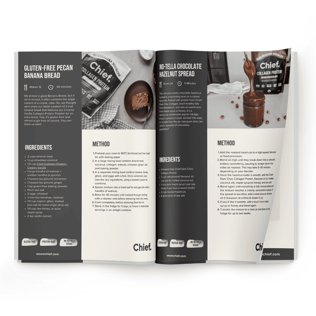 Open cookbook showing recipes for gluten-free pecan banana bread and No-Tella chocolate hazelnut spread with Chief Collagen Protein branding.