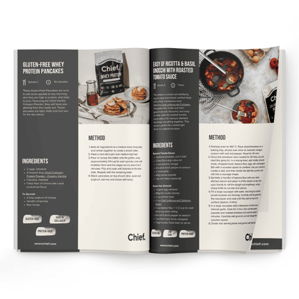 Open cookbook showing recipe pages with text and images of food.