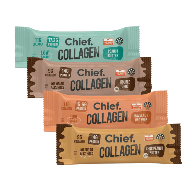 Chief collagen protein bars sampler pack featuring a variety of flavours including Peanut Butter, Double Choc, Hazelnut Brownie, and Choc Peanut Butter