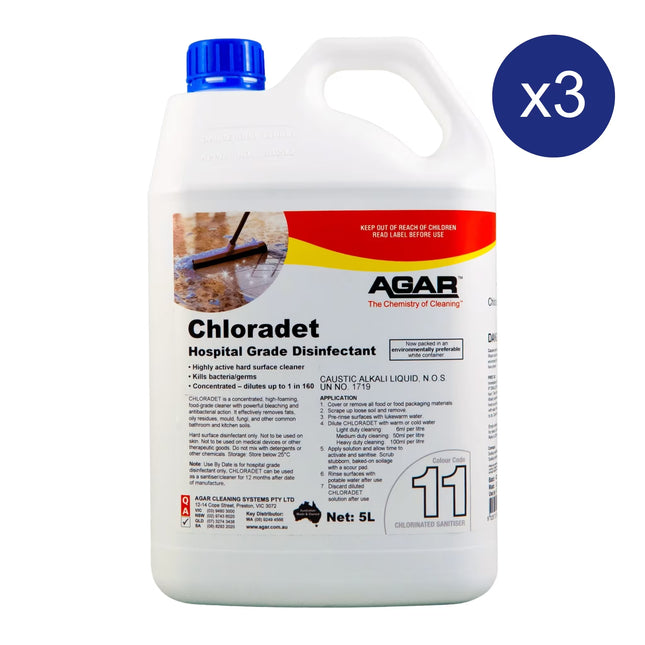 Carton of 3 Agar Chloradet Hospital Grade Disinfectant 5L containers for commercial and healthcare cleaning