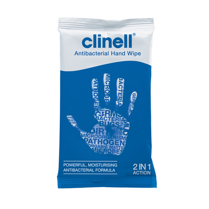 Clinell individually wrapped antibacterial hand wipe pocket sized