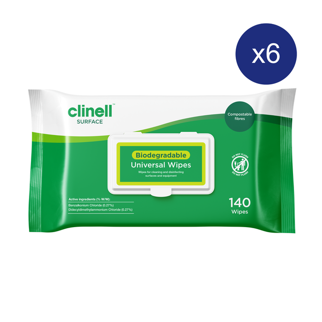 Clinell Biodegradable Universal Wipes - Pack of 140 (Carton of 6)