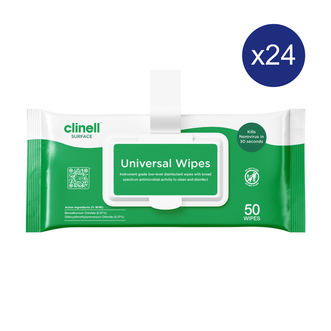 Clinell Universal Wipes – Clip Pack (50 Wipes) Carton of 24 Packs