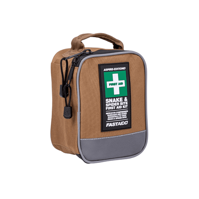 Snake and spider bite kit in a durable brown zip case, ideal for bushwalkers, campers, and emergency responders