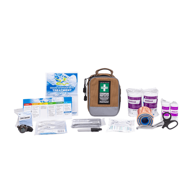 Australian-made snake and spider bite kit equipped with tension bandages, safety tools, and bite response guide