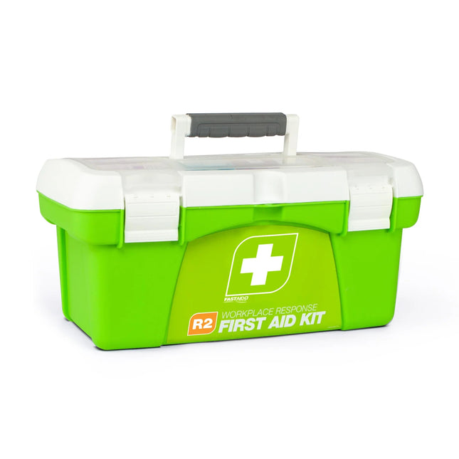 FastAid R2 first aid kit for workplace emergencies, stored in a sturdy tackle box