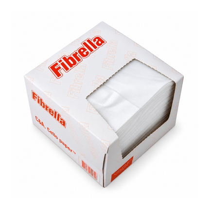 A box of Fibrella C&A Cell paper white pads, shown at an angle with a clear window revealing the white pads inside, on a white background.