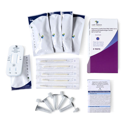 HA Tech RSV, Covid-19 & Influenza A/B Rapid Antigen Test Kit 5xPack Contents