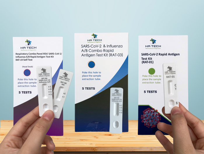 HA Tech rapid antigen test kits for COVID, RSV and Influenza A/B
