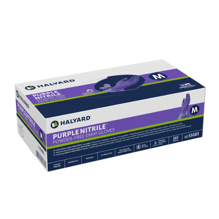 Box of Medium-sized Halyard Purple nitrile disposable gloves, chemo-rated for enhanced safety in healthcare facilities