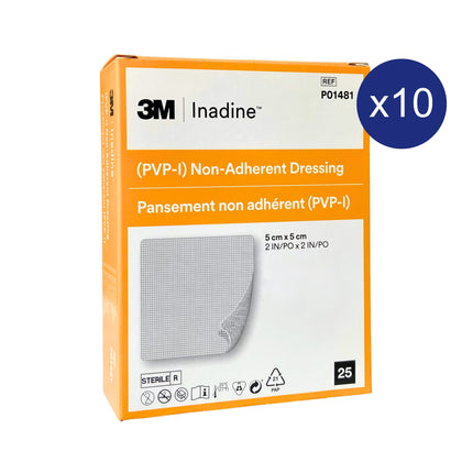 Inadine PVP-I 5cm x 5cm non-adherent wound dressing, carton of 10 boxes (25 dressings per box) for clinical use