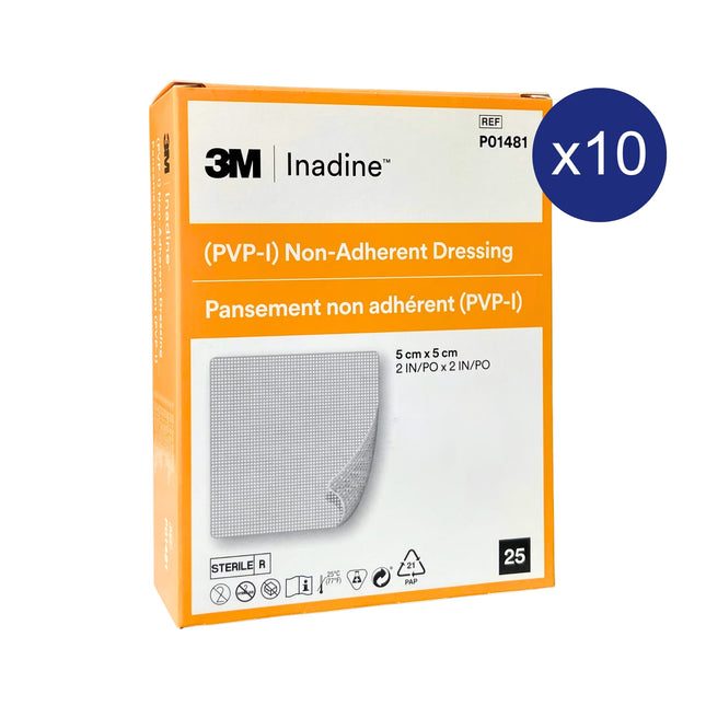 Inadine PVP-I 5cm x 5cm non-adherent wound dressing, carton of 10 boxes (25 dressings per box) for clinical use