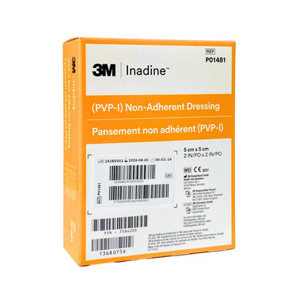 Back of Inadine PVP-I non-adherent dressing 5cm x 5cm box showing product information (25 dressings)