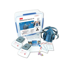 3M™ 7500 Asbestos Respirator Kit including reusable half face respirator, filters, safety glasses, instruction guide, and storage case for asbestos removal and hazardous dust protection.
