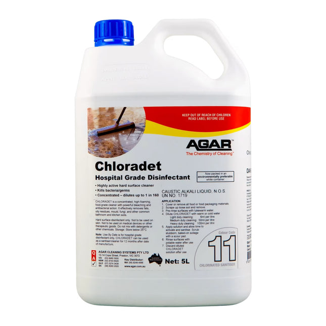 Agar Chloradet Hospital Grade Disinfectant 5L bottle for effective surface cleaning and infection control