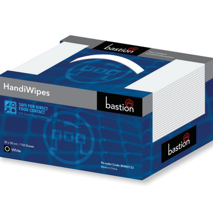 Disposable dry wipes by Bastion, packed in handy dispenser box, suitable for food service and commercial cleaning
