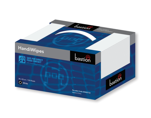 Disposable dry wipes by Bastion, packed in handy dispenser box, suitable for food service and commercial cleaning