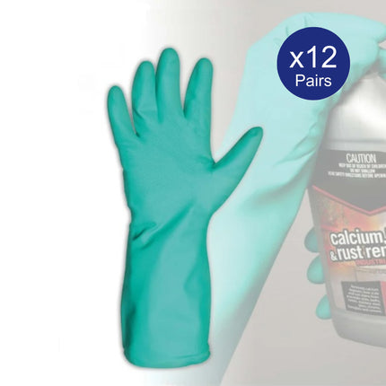 Bastion green nitrile 330mm flocklined gloves in use for industrial chemical handling - pairs of 12