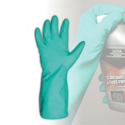 Bastion green nitrile 330mm flocklined gloves in use for industrial chemical handling