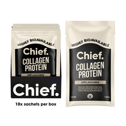 Chief Unflavoured Collagen Protein Powder 15g packaging - Box of 10 sachets