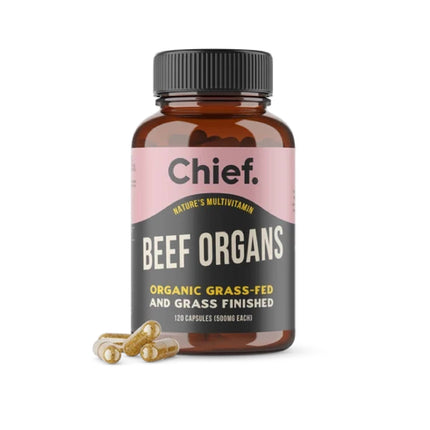 Bottle of 120 capsules Chief Beef Organs – Organic Grass Fed and Finished